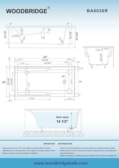 WOODBRIDGE 60" Acrylic Rectangular Alcove Soaking Bathtub in White with Right Drain, Oil Rubbed Bronze pop-UP Drain Included BA6030R