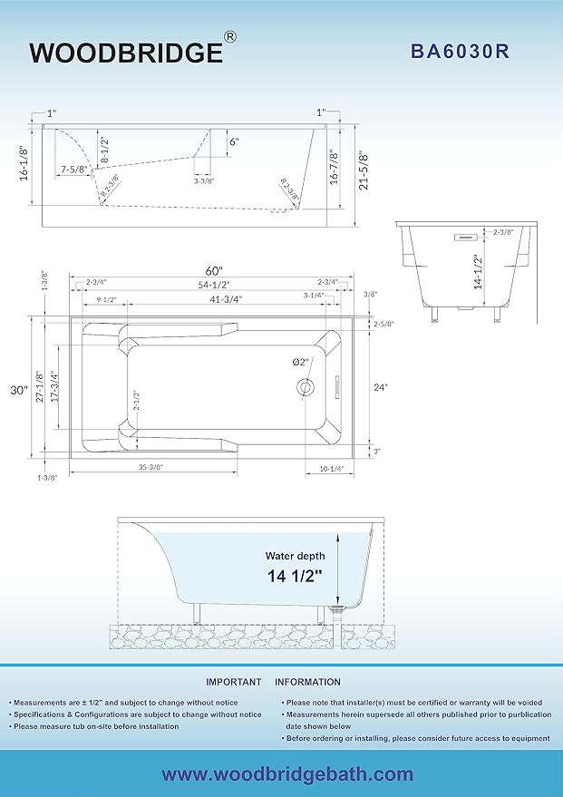 WOODBRIDGE 60" Acrylic Rectangular Alcove Soaking Bathtub in White with Right Drain, Brushed Gold Pop-Up Drain Included BA6030R