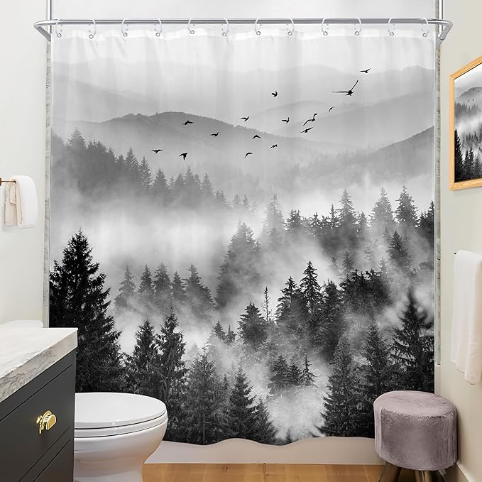 Riyidecor Extra Long Black and White Shower Curtain 72Wx78H Inch Foggy Scene Alpine Tree Misty Mountain View Pine Wood Nature Natural Botanical Bathroom Decor Fabric Polyester Waterproof 12 Pack Hooks