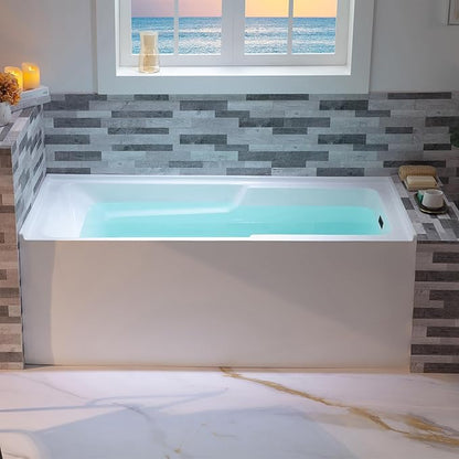 WOODBRIDGE 60" Acrylic Rectangular Alcove Soaking Bathtub in White with Right Drain, Matte Black Pop-Up Drain Included BA6030R