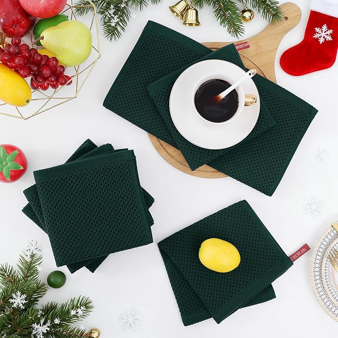 Homaxy 100% Cotton Waffle Weave Kitchen Dish Towels, Ultra Soft Absorbent Quick Drying Cleaning Towel, 13 x 28 Inches, 4-Pack, Blackish Green