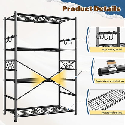 Storage Shelves 4-Tier Large Capacity Metal Shelving with Hooks, Heavy Duty Garage Shelving Unit with Leveling Feet, Stable Metal Shelves for Pantry, Kitchen and Closet,36" W x 12" D x 60" H, Black