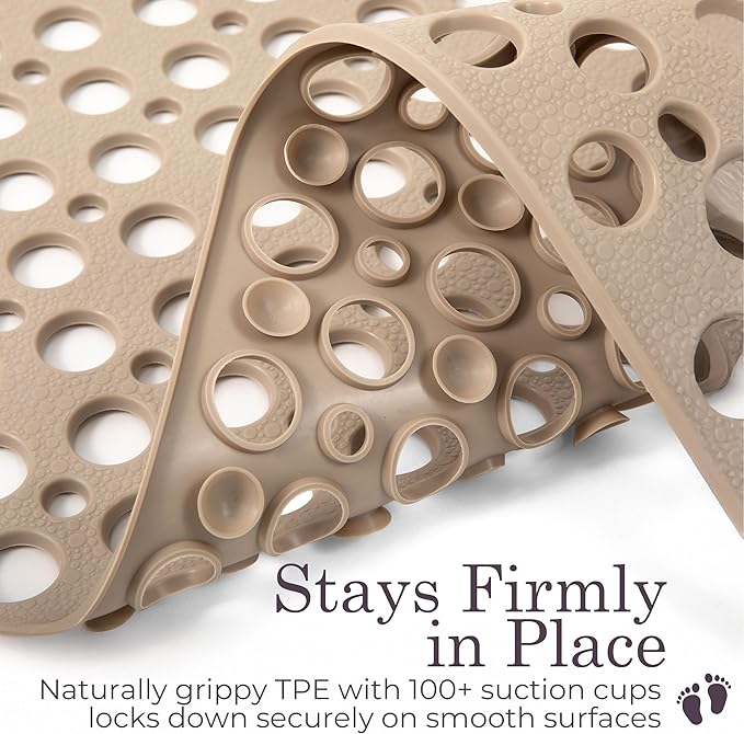 Non Slip Bathtub Mat and Shower Mat Beige TPE Strong Suction Cups Aesthetic Bath Mat for Inside Shower with Soft Texture, Quick-Dry Drain Holes, Spa-Inspired Design 30x17” (75x43 cm) (2)