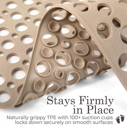 Non Slip Bathtub Mat and Shower Mat Beige TPE Strong Suction Cups Aesthetic Bath Mat for Inside Shower with Soft Texture, Quick-Dry Drain Holes, Spa-Inspired Design 30x17” (75x43 cm) (2)