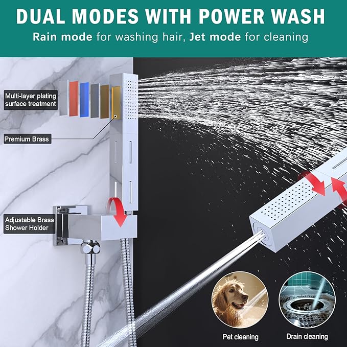 Enga Shower Faucet Set, Dual Shower Head System with Body Jets, 10" & 6" Rain Showerheads with 4 Jets, 2 in 1 Handheld Spray, 4 Way Shower Diverter, Chrome