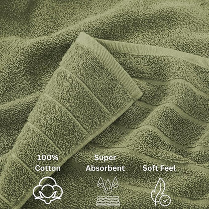 Casa Platino 100% Mercerized Cotton Bathroom Towel Set - 18 Pcs, Hotel Quality - Super Soft & Highly Absorbent - Ring Spun - 6 Large Bath Towels, 6 Washcloths, 6 Hand Towels - Family Pack - Oil Green