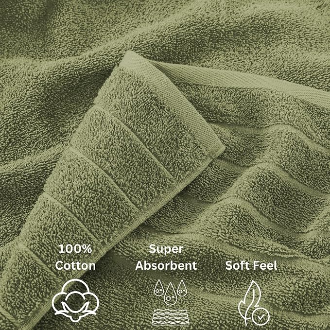 Casa Platino 100% Cotton 8 Piece Bath Towel Set - Ring Spun, Quick Dry, Super Soft & Highly Absorbent - 2 Bath, 4 Washcloths, 2 Bathroom Hand Towels - Hotel Quality Bathroom Towel Set - Oil Green