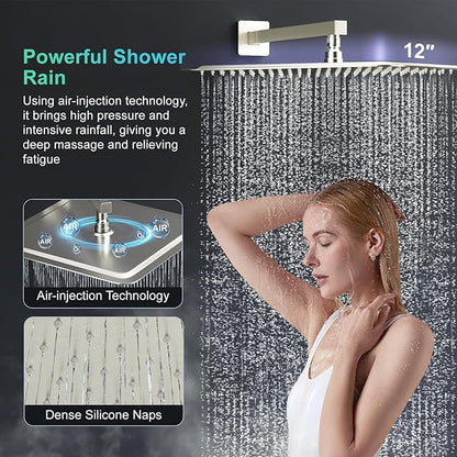 SR SUN RISE 12 Inch Square Shower System, Rain Shower Head and Slide Bar Handheld Shower Faucet Wall Mounted Combo Set Included Valve and Trim Kit for Bathroom, Brushed Nickel
