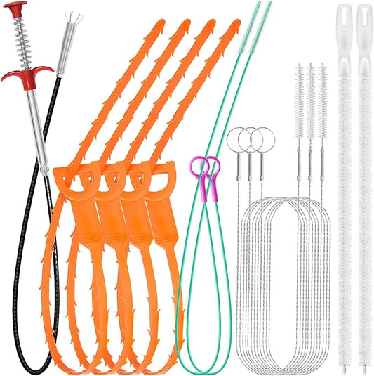 12 Pack Drain Clog Remover Kit, 59" Drain Snake(3pcs), 37" Steel Sink Snake(2pcs), 25" Snake Drain Hair Removal Tool(4pcs), 24" Drain Cleaner Tool(1pc), 18" Drain Brush(2pcs) for Sink, Toilet, Shower