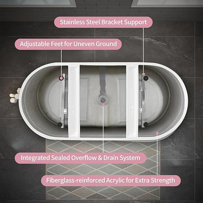 ABRUZZO 55" Acrylic Freestanding Bathtub - Deep Soaking Tub with Pop-Up Drain & Overflow, Glossy White Standalone Bathtub for Modern Bathroom, Fiberglass Reinforced Construction