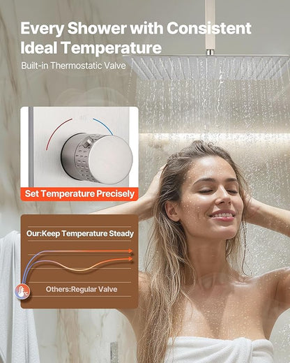 VEVOR Shower Faucet Set, 16 Inch Thermostatic Ceiling Mount Rainfall Shower System with 6 Inch Wall Mount Head, 6 Body Jets and Handheld Spray, Dual Rain Head Brass Valve and Trim Kit, Brushed Nickel