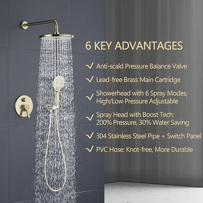 Brushed Gold Shower Faucet Set, Wall Mount Rain Shower System 10 Inches Shower Head and Shower Handheld, Included Pressure Balance Valve and Trim Kit