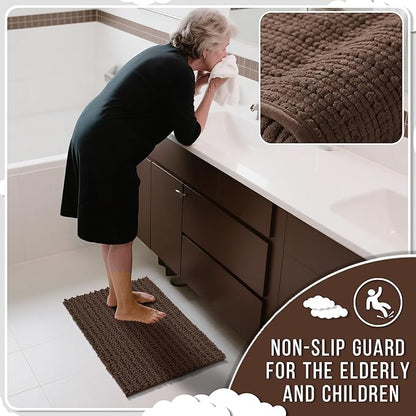 Yimobra Long Bathroom Rugs Non Slip Washable 44x24 Inch - Ultra Soft Absorbent Chenille Bath Mat, Quick Dry Shaggy Floor Carpet for Tub Shower, Brown Home Decor Accessories