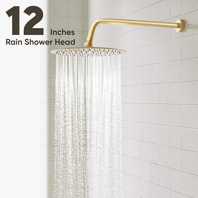 Gabrylly Shower System with Tub Spout, Bathtub Shower Faucet Set with 12" Rain Shower head and 5-Setting Handheld Shower, Wall Mounted Shower Fixtures with Pressure Balance Shower Valve, Brushed Gold