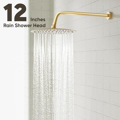 Gabrylly Gold Shower Head System, Shower Faucet Set with Pressure Balance Shower Valve, 12 Inch Shower Heads with 5-Setting handheld Spray Combo Pressure Shower Fixtures Kit, Brushed Gold