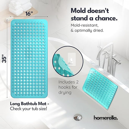 homerella® Bathtub Mat Non Slip 35x16, Incl. Hooks for Drying, Extra Long, 100% BPA Free, Shower Mat Non Slip Anti Mold, Machine Washable, Shower Mats for Inside Shower Mildew Resistant