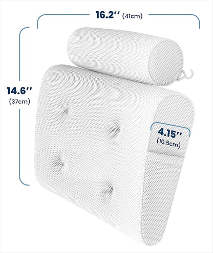 Everlasting Comfort Luxury Bath Pillows for Tub with Head and Neck Support - Non-Slip Bathtub Pillow with Suction Cups, Quick-Drying Mesh & Drying Hook - Jacuzzi & Spa Accessories for Women - White