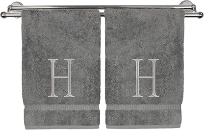 Monogrammed Hand Towel, Personalized Initial Gift, Extra Absorbent 100% Turkish Cotton - Soft Terry Finish - Set of 2 - Silver Block Initial H - Embroidered on Grey Towels