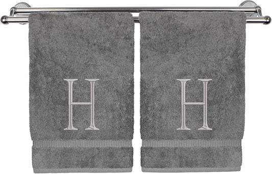 Monogrammed Hand Towel, Personalized Initial Gift, Extra Absorbent 100% Turkish Cotton - Soft Terry Finish - Set of 2 - Silver Block Initial H - Embroidered on Grey Towels