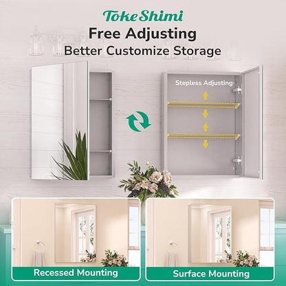 TokeShimi 20x32 Bathroom Cabinet Mirror Tempered, Aluminum Silver Recessed Medicine Cabinet with Mirror Frameless Stepless Adjustable Shelf, Surface Mount Medicine Cabinet for Bathroom
