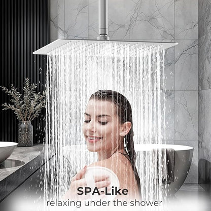 12 Inch Rain Shower Head, 12" Square Rainfall & High Pressure Stainless Steel Bath Shower Head, 1/16" Ultra Thin, Waterfall Full Body Coverage with Silicone Nozzle, Polished Chrome
