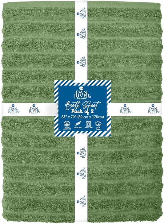 DAN RIVER Pack of 2 Bath Sheet 35x70 Inches, Extra Large Ribbed Quick Dry Bath Towels for Bathroom, Soft Absorbent Towels - Sage Green