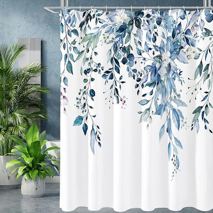 Gibelle Extra Long Shower Curtain 72 x 84, Blue Floral Shower Curtain for Bathroom, Watercolor Plant Eucalyptus Leaves Fabric Shower Curtain Set