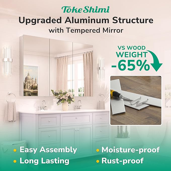 TokeShimi 16x24 Bathroom Medicine Cabinet with Mirror Tempered, Aluminum Silver Mirrored Medicine Cabinet Recessed or Surface Mount with Adjustable Storage Metal for Modern Farmhouse