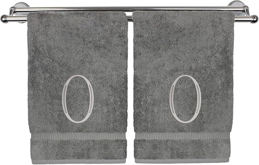 Monogrammed Hand Towel, Personalized Initial Gift, Extra Absorbent 100% Turkish Cotton - Soft Terry Finish - Set of 2 - Silver Block Initial O - Embroidered on Grey Towels