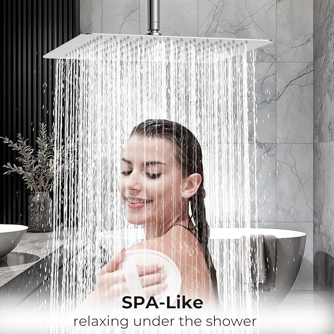 Rain Shower Head - 12 Inch High Pressure Shower Heads 304 Stainless Steel Ultra Thin Square Showerhead Pressure Boosting Design, Ceiling or Wall Mount, Chrome