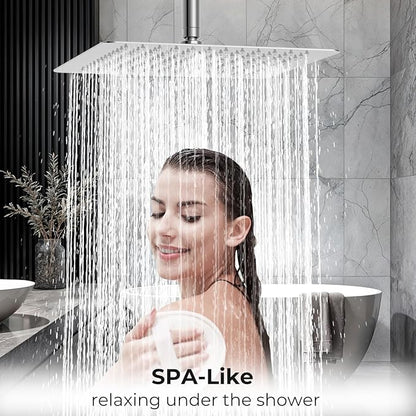Rain Shower Head - 12 Inch High Pressure Shower Heads 304 Stainless Steel Ultra Thin Square Showerhead Pressure Boosting Design, Ceiling or Wall Mount, Chrome