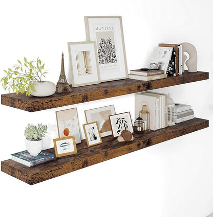 Vivelove 12" Deep Floating Shelves for Wall 55" Long, Wall Shelves for Living Room Bedroom Bathroom Kitchen Laundry Room, Farmhouse Rustic Shelves for Home Decor, 55" X 12" X 2" Set Of 2, Rustic Brown