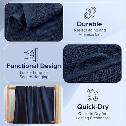 Comfort Spaces Turkish Bath Towel Set of 4 Piece 27x54 Medium 100% Cotton Towels Highly Absorbent Soft Quick Dry Shower for Bathroom Spa Navy Blue