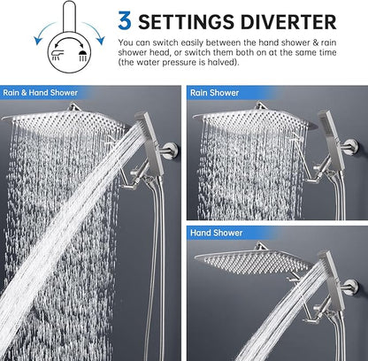 G-Promise All Metal 14 Inches Rainfall Shower Head with Handheld Spray Combo, 3 Settings Diverter, Adjustable Extension Arm with Lock Joints, 71 Inches Stainless Steel Hose (Brushed Nickel)