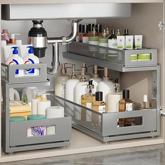 2 Pack 18.5IN-Depth Under Sink Organizer With Next-Gen Ball-Bearing Slides,2-Tier Pull Out Cabinet Storage,Height Adjustable Drawer Shelf for Bathroom,Kitchen,Laundry,Cabinet,Pantry-Gun Gray