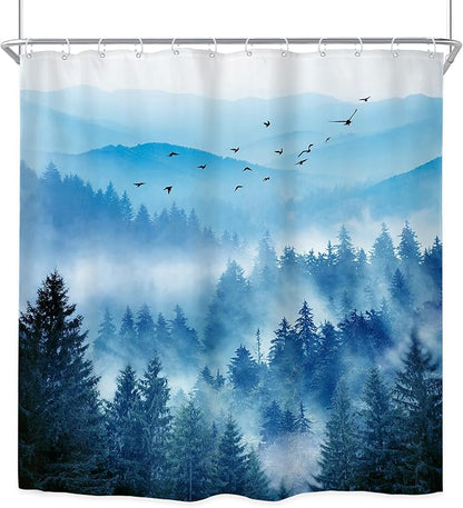 Riyidecor Navy Blue Mountain Shower Curtain 72Wx84H Inch Extra Long Woodland Scenery Park Scene View Natural Foggy Pine Tree Alpine Cool Men Bathroom Decor Fabric Polyester Waterproof 12 Pack Hooks