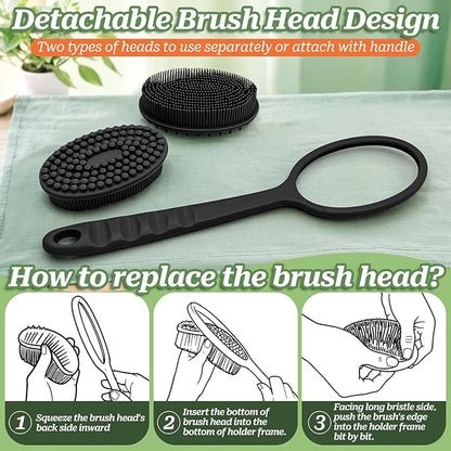 Soft Silicone Body Scrubber 2PCS, Dual-Side Silicone Loofah for Shower, Gentle Loofa Alternative, Replaceable Brush Head to be Used Alone or with Long Handle (Pinkx2)