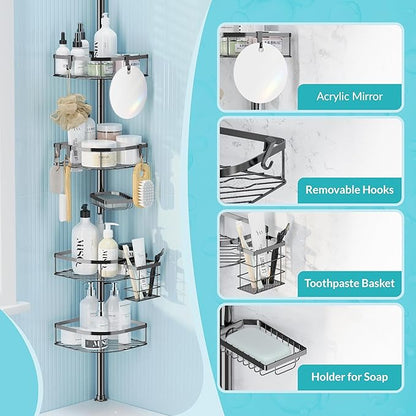 Shower Caddy Tension Pole, 4-Tier Adjustable Corner Shower Standing Caddy, Rustproof Rack for Bathroom Bathtub, with 4 Shelves, No Drilling Corner Bathroom Shelf for Inside (Black)