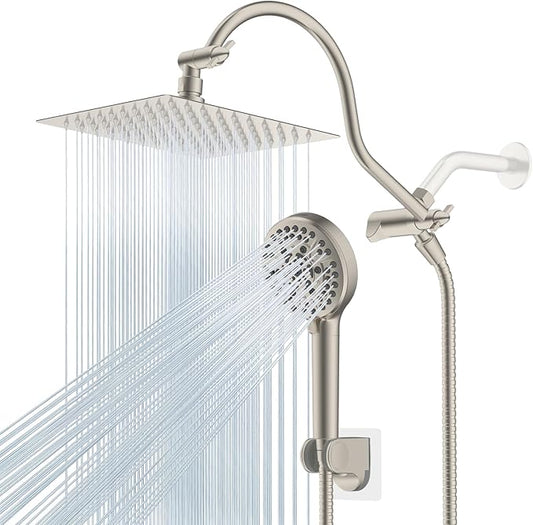 Hibbent All Metal CUPC Certified Shower Head, 8'' High Pressure Rainfall Shower Head, Handheld Showerhead Combo, 12'' Adjustable Extension Arm, 10 Sprays, 71'' Hose, Showerhead Holder, Brushed Nickel