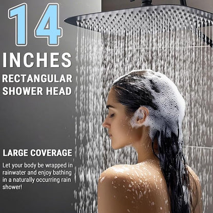 G-Promise 14 Inches Shower Faucet Sets Complete, All Metal Rainfall Shower Head and Handle Set, Extended Downward Diverter, Extension Arm and Pressure Balance Rough-in Valve Included