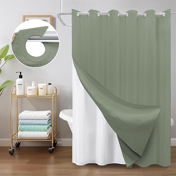 Inhousolu No Hook Waffle Weave Shower Curtain with Removable Snap in Fabric Liner Set for Bathroom, 230 GSM Heavy Duty Weighted Hem, Water Repellent Washable Bath Curtains, 60 x 72 Inch, Sage Green