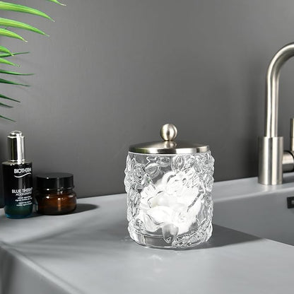Clear Transparent Apothecary Floral Embossed Glass Jar With Satin Nickel Metal Lid Cover for Bathroom Organization, Cotton Balls, Q Tips, and Small Accessories, Bathroom Storage
