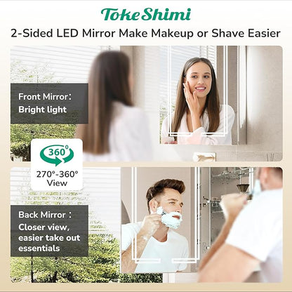 TokeShimi 20x32 Lighted Medicine Cabinet Mirrored, Anti-Fog Tempered Bathroom LED Mirror with Storage 3 Color Stepless Dimming, CRI 80+, Memory Funtion, Surface Mount Medicine Cabinet with Light