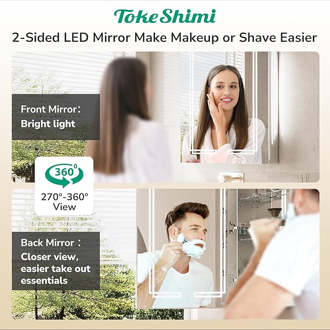 TokeShimi 30x32 Bathroom Mirror Medicine Cabinet with Light 3 Colors, Anti-Fog Tempered LED Mirror with Storage, Stepless Dimming CRI 80+, Memory Funtion, Wall Mirrored Cabinet for Bathroom Décor