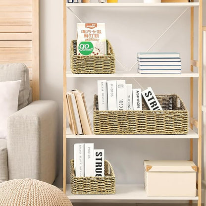 Ollieroo Natural Seagrass Storage Baskets, Handwoven Wicker Storage Bins with Built-in Handles, Storage Container Baskets for Shelves, Bedroom, Bathroom, Laundry Room or Kitchen(Green)
