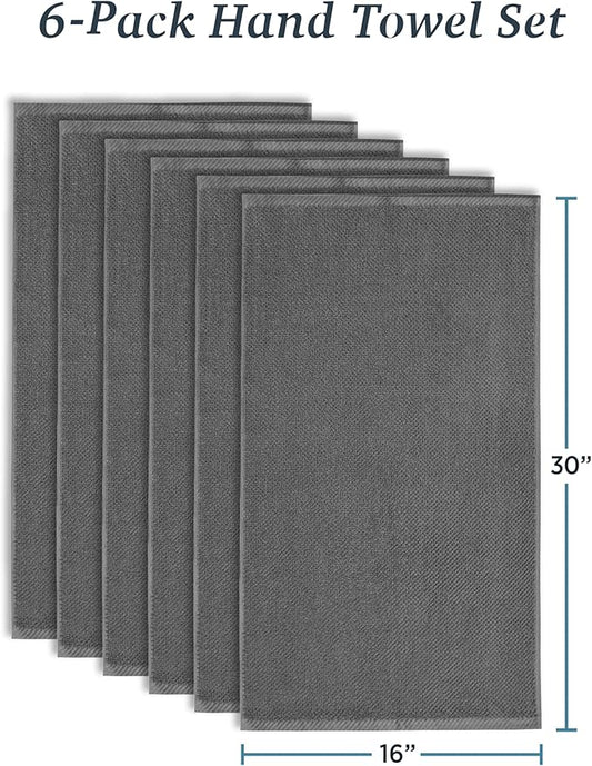 Welhome Franklin Premium 6 Pack Hand Towels Popcorn Textured Charcoal Bathroom Towels Hotel & Spa Towels for Bathroom Soft & Absorbent 600 GSM 100% Cotton Hand Towels