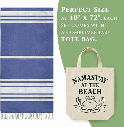 Turkish Cotton Beach Towel Pack of 6 & 1 Boho Tote Bag - Hammam Towels - No Shrink - Quick Dry - Lightweight - Sand Free - Camping - Pool - Tanning - Beach Essentials - Dark Blue (40"x70")