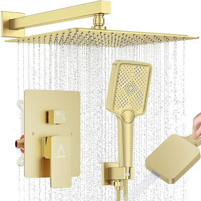 Shower System Modern Rain Brass Faucet Set With Valve and Diverter Shower Mixer With Handheld High Pressure Square Rainfall Shower Valve (12'' Wall Mount, Brushed Gold)