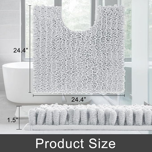 Yimobra Toilet Rug U Shaped Washable 24x24 Inch - Ultra Soft Absorbent Chenille Bath Rugs for Toilet, Quick Dry & Machine Washable, Non Slip Contour Bathroom Mat, Silver