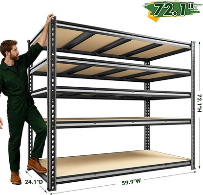 59.9" W Garage Shelves 2230LBS Metal Shelving, 5 Tier Adjustable Garage Storage Shelves, Heavy Duty Shelving for Storage, Basement, Warehouse, Pantry, Kitchen, 59.9"W x 24.1"D x 72.1"H, Black